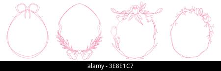 Whimsical Easter egg frames with delicate flower pattern and ribbon bow. Vector illustrations set of hand drawn spring borders with vintage ornamental design, pastel pink girly coquette prints Stock Vector