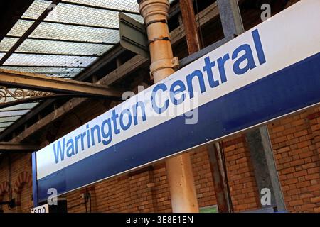Warrington Central railway station sign on the platform at the Northern-managed station on Winwick Street. Stock Photo
