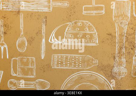 Hand drawn white sketches of various kitchen utensils and cooking tools on a textured brown wallcovering background. Stock Photo