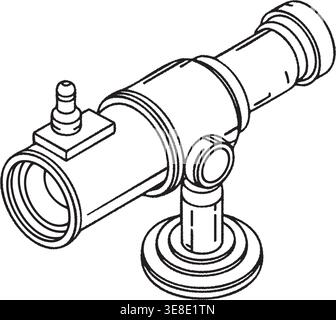 Detailed line illustration of an antique telescope mounted on a small stand with adjustment knobs. Stock Vector