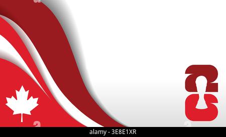 Canadian national flag ribbon background for 2026 football tournament. Red and white wavy ribbons with maple leaves and trophy silhouette for soccer w Stock Vector