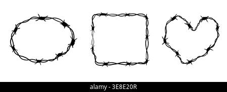 Barbed wire frame set silhouette border, fence. Spiked wire with sharp barbs along its perimeter. Twisted ring y2k, round border tattoo, gothic textured steel frame,. Vector illustration Stock Vector