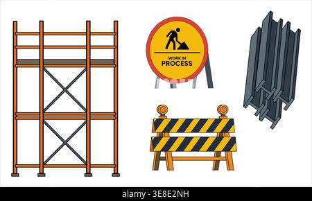Workers assemble bright safety barriers and sturdy scaffolding at a construction site, ensuring protection and organization. A Work in Process sign Stock Vector