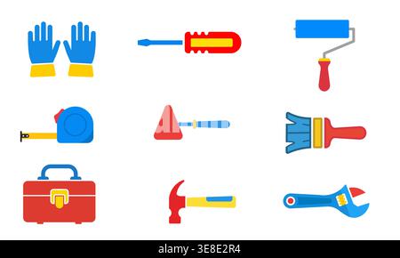 Discover a vibrant collection of essential work safety tools and gear, from gloves and goggles to toolboxes and warning signs. Perfect for constructio Stock Vector