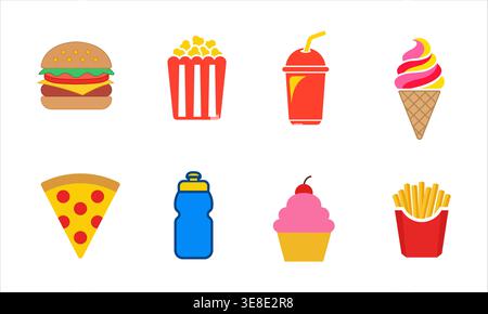 A colorful array of beloved fast food favorites, from juicy burgers and crispy fries to cheesy pizza and refreshing drinks. Indulge in sweet ice cream Stock Vector
