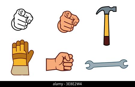 A vibrant collection of essential hand tools and gestures, showcasing a glove, hammer, wrench, and various hand signals. Perfect for DIY projects, con Stock Vector
