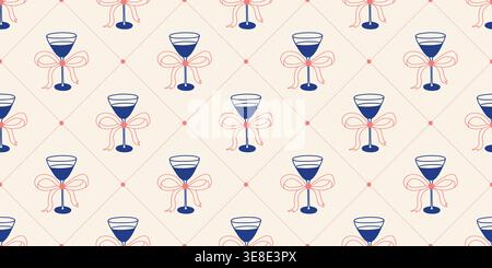 Glasses with drinks decorated with bows on beige background with diamonds. Seamless pattern with alcohol, cute illustration in Mediterranean style Stock Vector