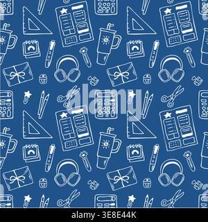 School supplies seamless Pattern white doodle on blue background education back to school Stock Vector