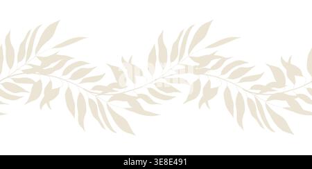 Twigs with leaves on a seamless border, hand-painted. Vector illustration. Drawing of forest branches of trees and meadow grasses, isolated on a white Stock Vector