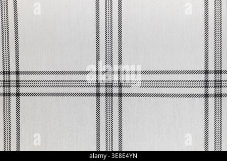 Close up view of a light grey woven fabric featuring a classic windowpane plaid pattern with thin intersecting dark lines. Stock Photo