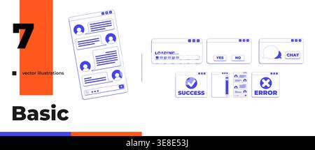 Basic chat and system neo brutalism line popup window pack Stock Vector