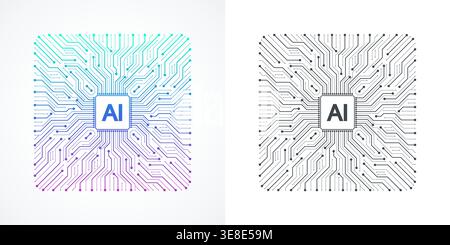 Modern handmade vector icon, sign, logo circuit line style in the Artificial intelligence concept. Set AI processor icon flat design. Motherboard Stock Vector