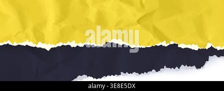 Cardboard horizontal top border with folded torn paper texture. Scrap page carton on torn edges collage craft template. Wrinkle black and yellow paper Stock Vector