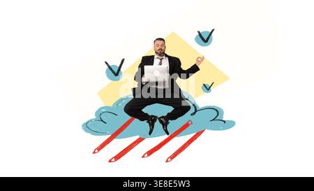 Calm businessman using laptop on childlike illustration style cloud surrounded by check marks. Stock Photo