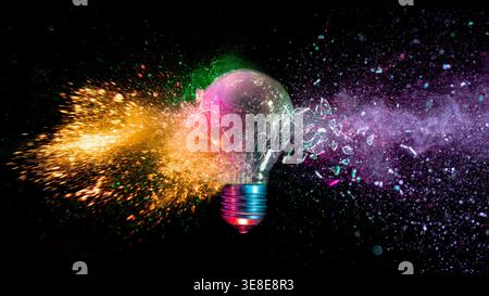 Real Light bulb exploding symbolizing creativity and innovation Stock Photo