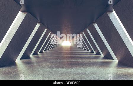 Futuristic concrete tunnel with geometric architecture 3d Stock Photo