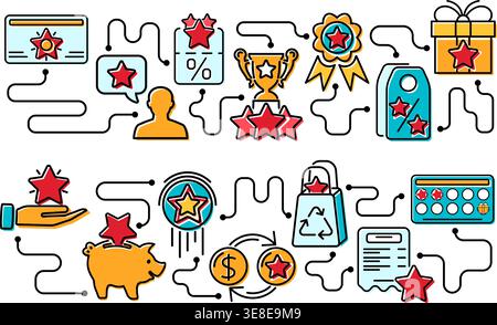 Loyalty Program and Customer Retention banners with colored line icons. Customer rewards with bonuses. Gift, discount coupons, bonus growth, exchange Stock Vector