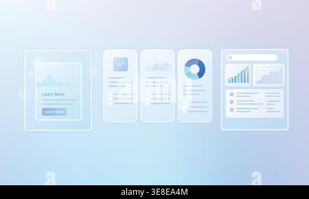 Modern business analytics dashboard ui design with data charts graphs statistics cards and glassmorphism interface for saas fintech marketing Stock Vector