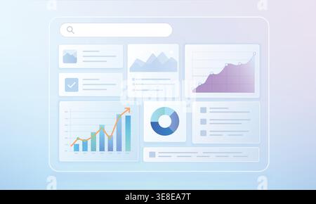 Modern business analytics dashboard ui with data visualization charts graphs kpi cards and glassmorphism interface for saas fintech marketing website Stock Vector