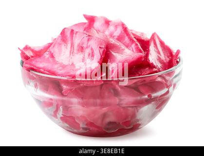 Pickled cabbage with slices of beets in a plate close-up on a white background. Isolated Stock Photo