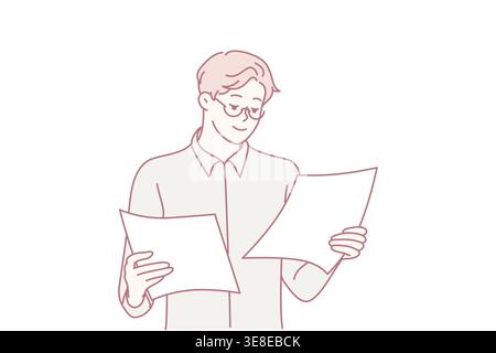 Concentrated man holding two sheets of paper in hands reading report for company management. Successful guy office worker in white shirt is standing studying documentation. Flat vector design Stock Vector