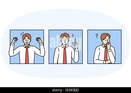 Business man thinks about question and rejoices after finding solution or having good idea. Successful guy in office employee thinks about professional problem and then waves hands positively Stock Vector