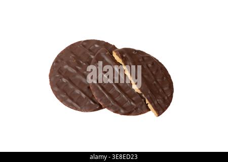 Black chocolate coated digestive biscuit isolated on white. Stock Photo