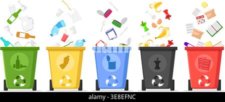 Sorted rubbish falls into trash cans on a white background. Waste recycling Stock Vector