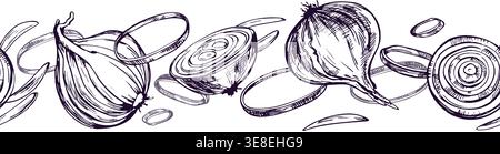 Hand drawn onion seamless border illustration. Black and white ink sketch of vegetable bulb and slice. Graphic line art for food design, kitchen Stock Vector
