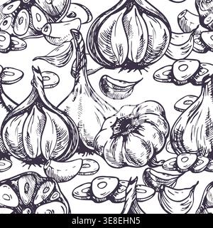 Garlic vegetable pattern hand drawn pen and ink illustration. Graphic black and white line art seamless background for kitchen textile, culinary Stock Vector