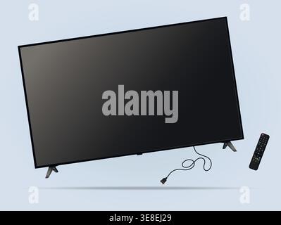 TV screen with remote control levitation on blue background. Vector illustration. Stock Vector