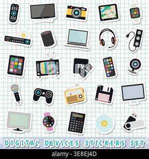Digital devices, technology and media gadgets stickers set isolated. Vector illustration. Stock Vector