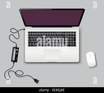 Laptop with computer mouse and charger unplugged. Vector illustration. Stock Vector