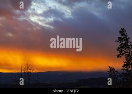 Dramatic sunset with glowing orange clouds over landscape and dark forest silhouette. Stock Photo