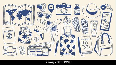 Hand drawn vector travel set in Mediterranean style. Blue minimalist doodles of plane map passport suitcase camera and vacation essentials. Perfect Stock Vector