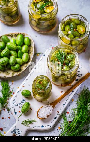 Homemade food: Pickled cucamelons (pickled cucumbers, pickled gherkins), grown in a organic garden Stock Photo