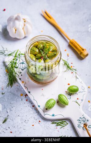 Homemade food: Pickled cucamelons (pickled cucumbers, pickled gherkins), grown in a organic garden Stock Photo