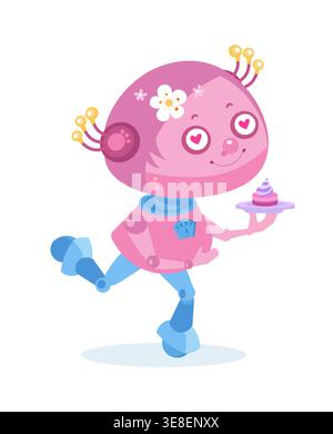 Cute pink girl robot holding cupcake vector illustration isolated on white background. Friendly female android character with flowers on head carrying Stock Vector