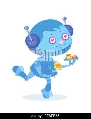 Cute blue robot in love holding tray with breakfast and flowers isolated on white. Romantic android character with heart eyes carrying coffee Stock Vector
