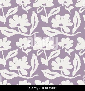 Seamless monochrome pattern with hand drawn abstract flowers. Artistic white brush strokes floral design in modern minimalist style Stock Vector