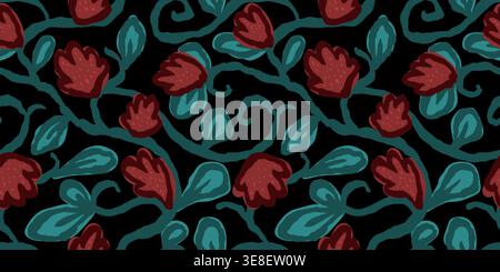 Seamless pattern with hand drawn abstract loose flowers and leaves vine. Artistic brush strokes trailing floral design Stock Vector