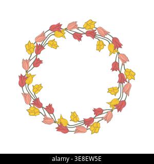 Pink and yellow hand drawn line art tulips flowers wreath isolated on white Stock Vector