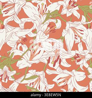 Vintage seamless pattern with hand drawn white lily flowers on orange background. Boho floral repeat wallpaper Stock Vector
