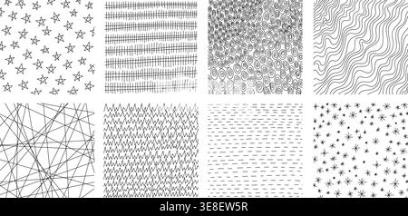 Crosshatch textures featuring hand-drawn line work and doodle pattern vector illustration set. Stock Vector