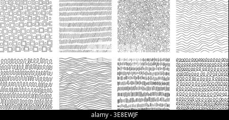 Crosshatch textures featuring hand-drawn line work and doodle pattern vector illustration set. Stock Vector
