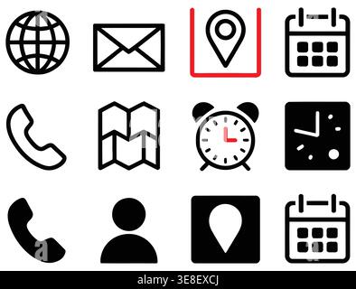 Business icon for company connection set in different style. Name, phone, mobile, place, location, mail, website and message card sign. Contact symbol Stock Vector