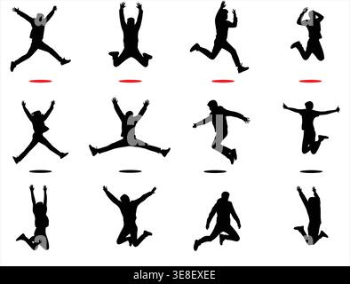 Set of black vector silhouettes of jumping or falling man isolated on white background Stock Vector