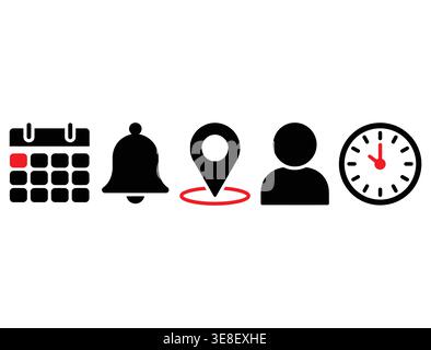 Set of UI Icons Including Calendar, Notification Bell, Location Pin, User Profile, and Clock, Web and App Interface Vector Stock Vector