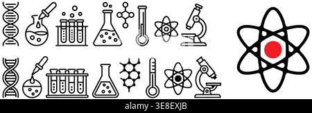 Science and Research Icon Set. black laboratory symbols of microscope, atom, DNA Stock Vector