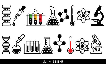 Science Laboratory Icons Set, Chemistry, Biology, and Research Symbols Stock Vector